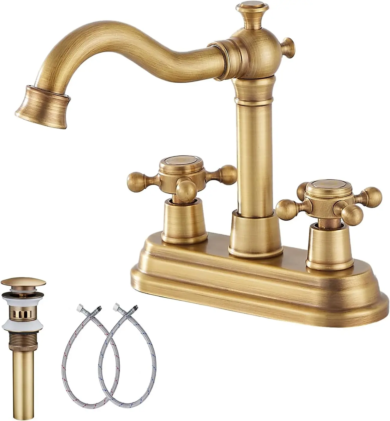 

Antique Brass Bathroom Faucet with 2 Handles, 4-Inch Centerset, Drain Assembly and Supply Hose