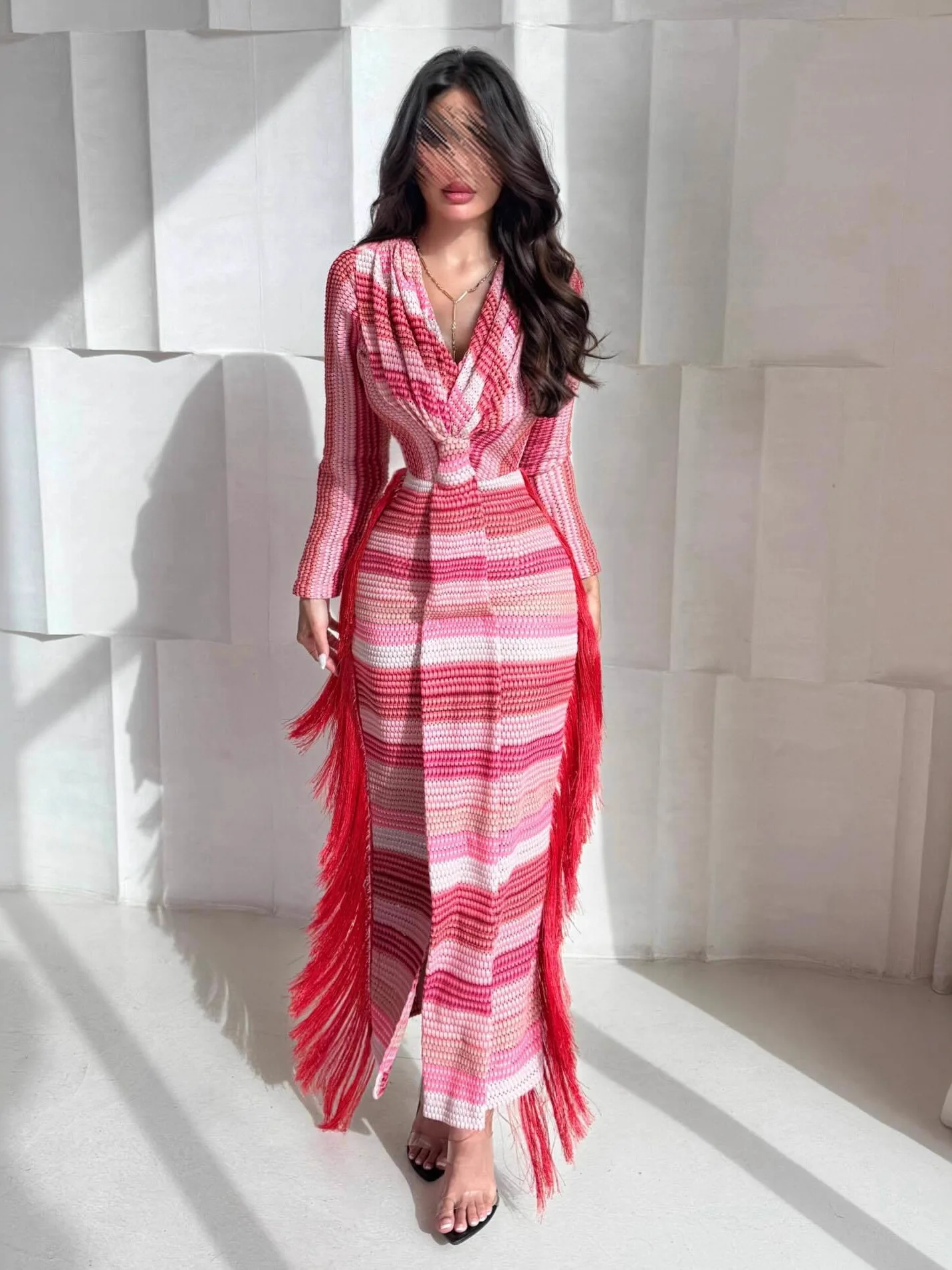 Color adient Tassel Women's Dr Ele Long Sve Midi Dr Polyester Fabric for Par Wedding Date Cany Dinner