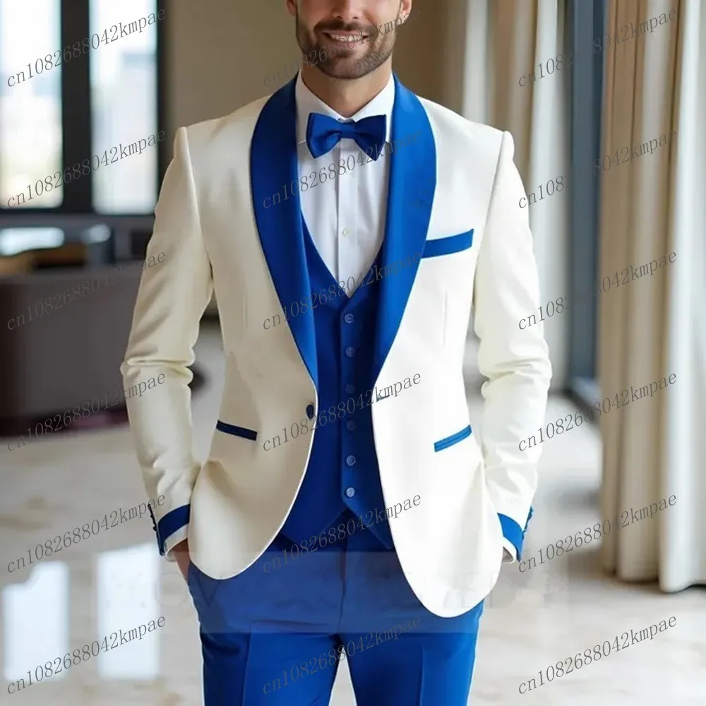 

White And Blue Business Formal Occasion Men Suit Groom Groomsman Wedding Party Prom Male Tuxedos 3 Piece Set Blazer Vest Pants