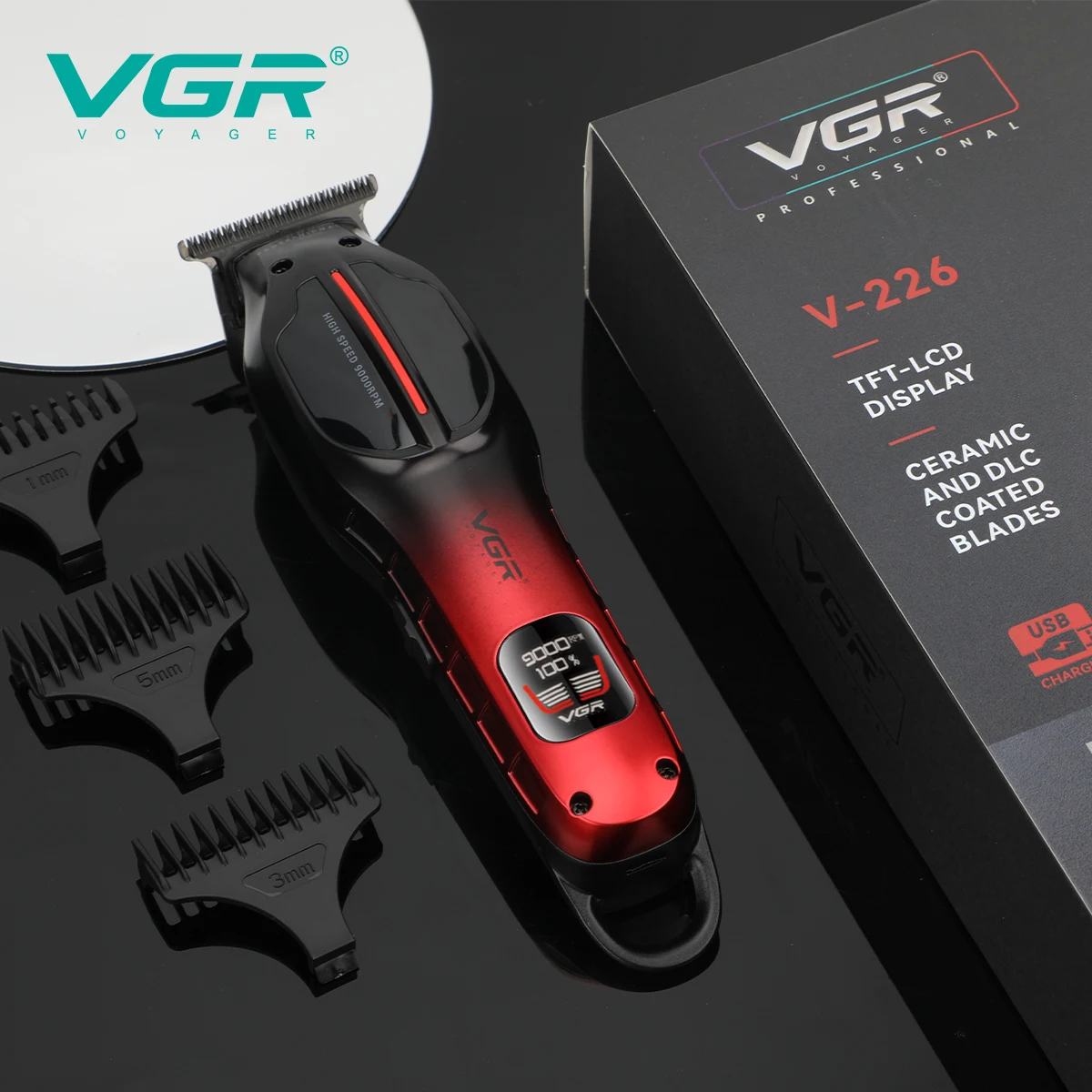 VGR جديد الراقية مقص الشعر التدرج المعدني الجسم الرجال مقص الشعر الكهربائية 9000 دورة في الدقيقة الذكية الرقمية الشعر المتقلب V-226