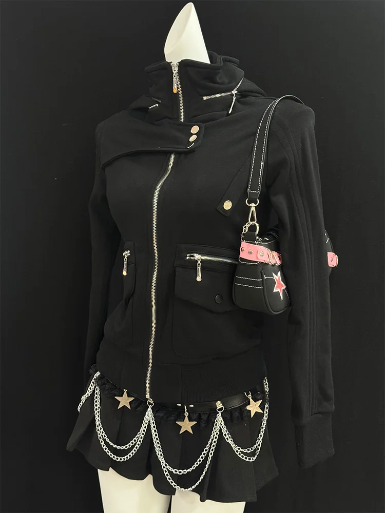 

Faionable Bla Zipper Jaet, оригинальный ретро-дизайн, универсальная верхняя одежда, женская облегающая верхняя одежда из смеси хлопка, длинный све, с капюшоном