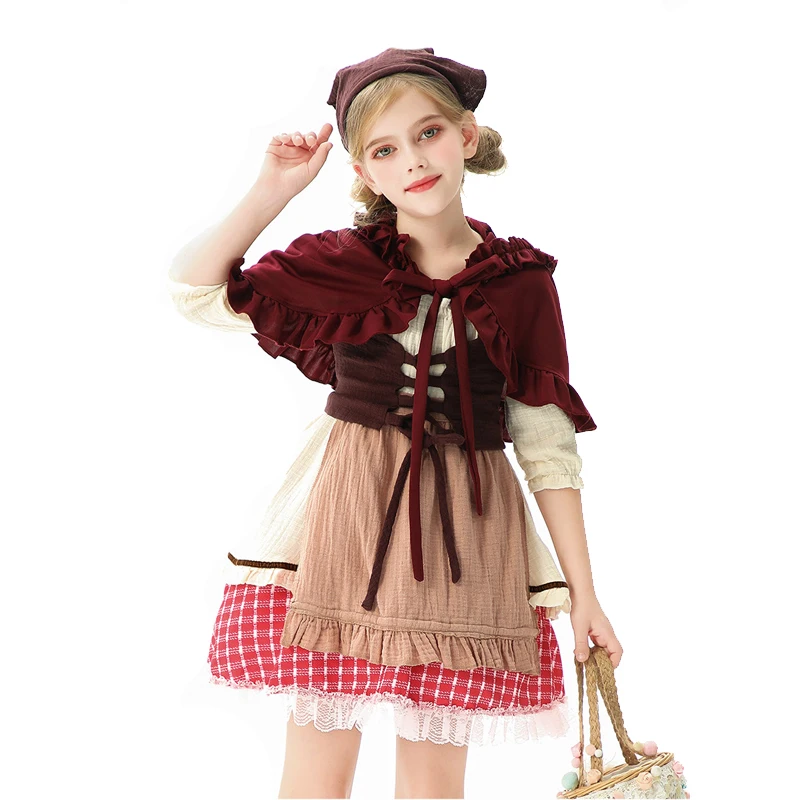 NEW Girl Little Red Riding Hood Costume Retro Lolita Prairie Girl Spooktacular Cosplay Fancy Party Dress Carnival Halloween