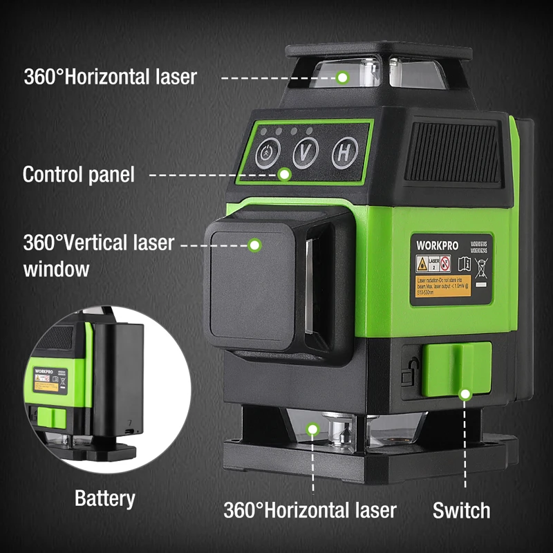 WORKPRO-Professional Green Laser Level Kit, Ferramentas de Medição de Precisão, Auto Nivelamento, 2 Modos, 3x360 °, 12 Linhas