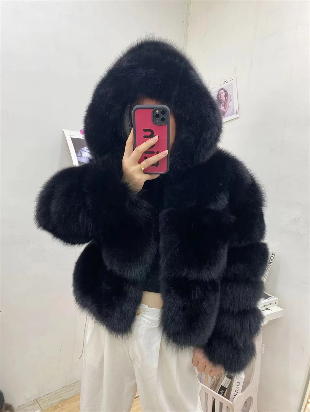 Short Fox Fur Jacket With Hood Women Luxury Long Sleeves Vest Female Hooded Real White Fox Fur Coat For Girls