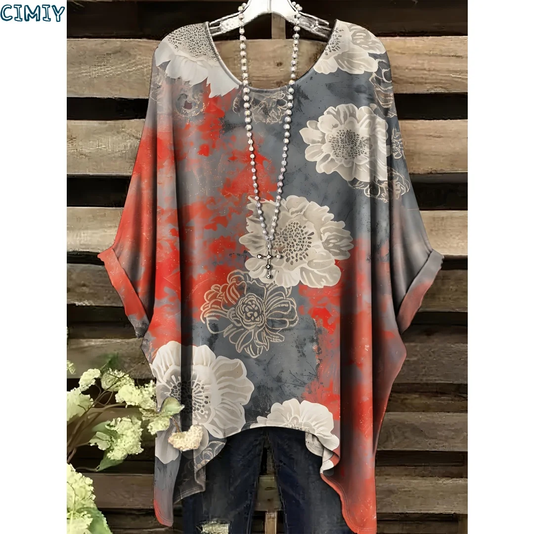 

Женская повседневная футболка с цветочным принтом, круглый вырез, короткий рукав, цветочный дизайн, удобный летний топ, блузка с цветочным принтом