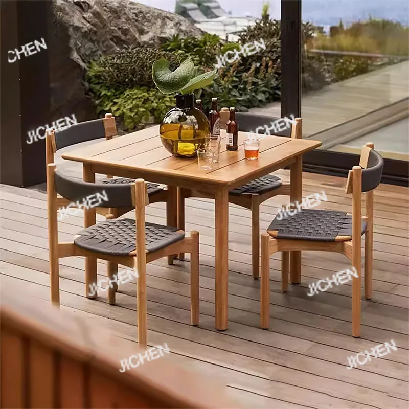 

Outdoor Teak Tables And Chairs Courtyard Sunscreen Rattan Chairs Nordic Garden Square Table Waterproof Leisure Balcony Solid