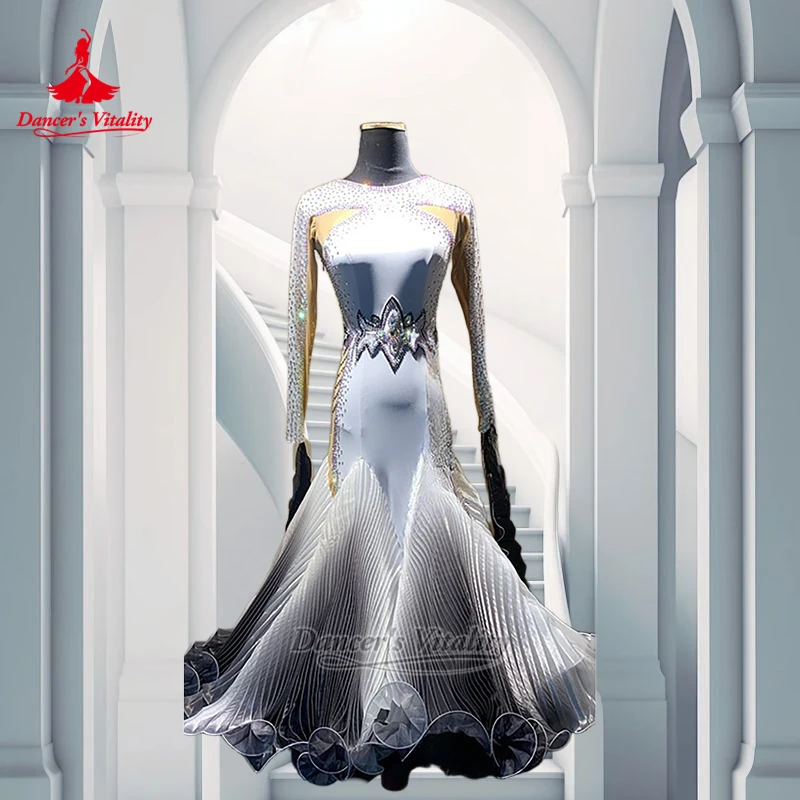 Social Dance Round Collar Gradient Color Pleated Lower Hem Dress Adult&Teenager Waltz Foxtrot Clothing Custom Dancer's Vitality
