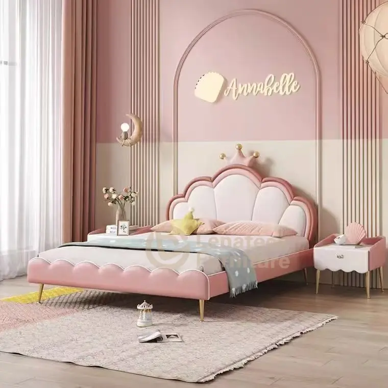 

Nordic modern cloud bed leather soft bag 1.5 meters colorful boys and children's bedroom pink girl bed manufacturer supply