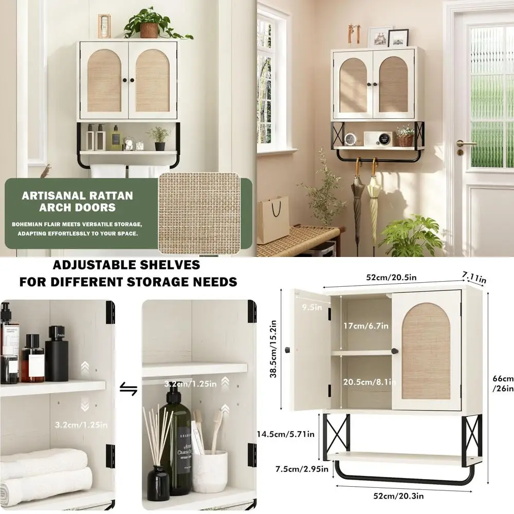 

Vintage White Medium Rattan Bathroom Wall Cabinet with Arched Doors, Over Toilet Storage, Adjustable Shelves, and Towel Bar