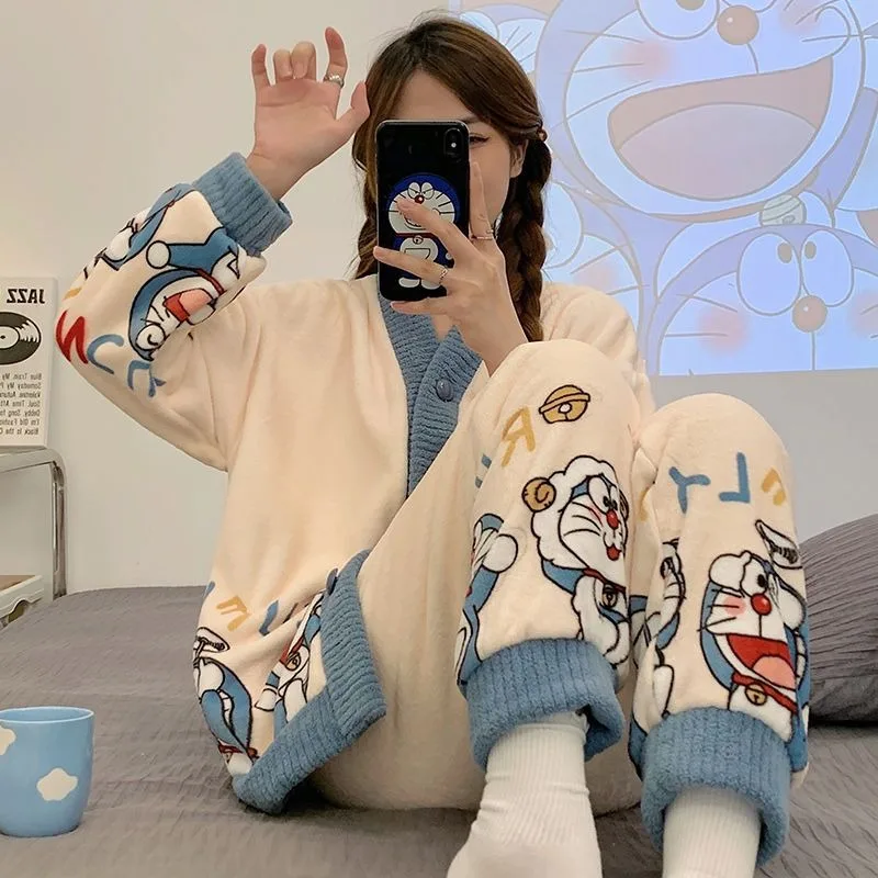 Cartoon Doraemon Women's Pajama Set Thicken Pjs Autumn Winter Cardigan Coral Fleece Sleepwear Cute Anime Home Cloth Nightgown