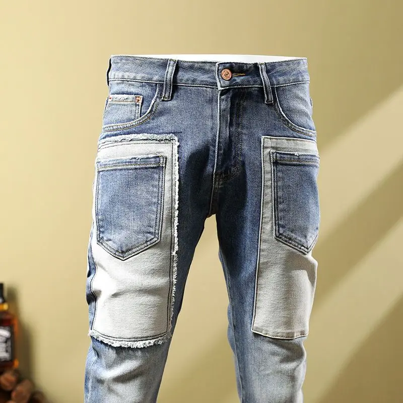 2022 Trendy fashion patch trend jeans for men slim casual scraped stretch pants feet  men jeans  ripped jeans
