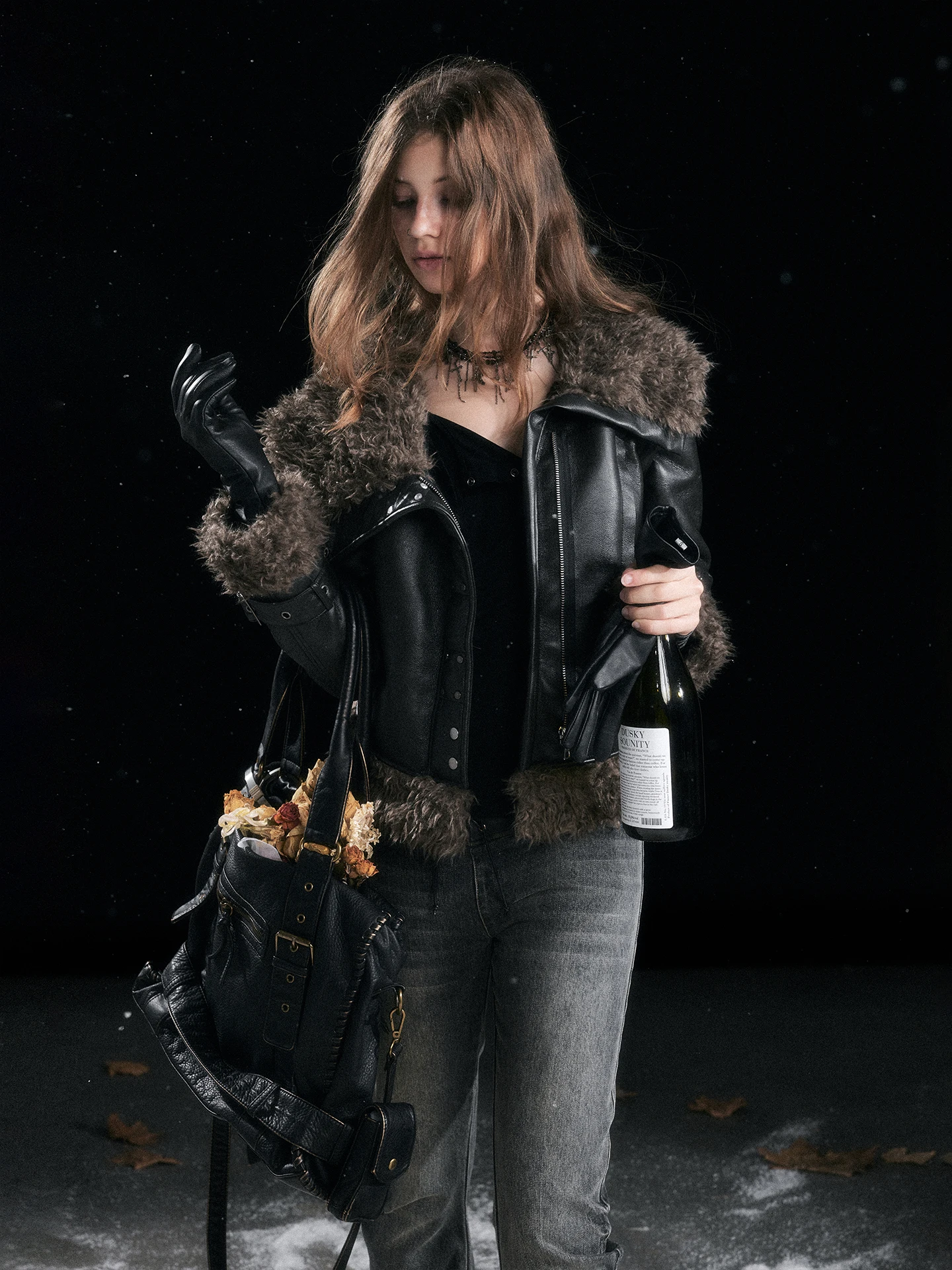 パンクスタイルショートレザージャケットレディースフェイクファー襟リベットスリムアウターウェアCestNousストレートチューブタイプ長袖ジッパー