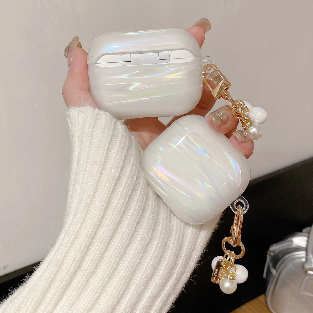 Funda de silicona para auriculares con láser colorido blanco de lujo para apple airpods 2 3 4 pro 2 funda protectora suave con colgante de corazón