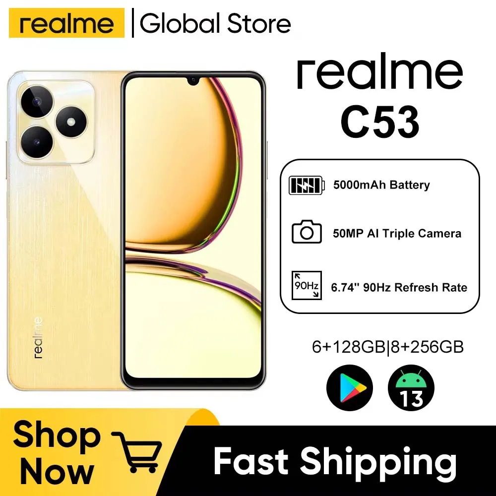 Realme C53 6.74 "HD 90Hz หน้าจอ 8GB 256GB Octa Core Ultra Slim โทรศัพท์ 5000mAh แบตเตอรี่ 50MP AI กล้อง