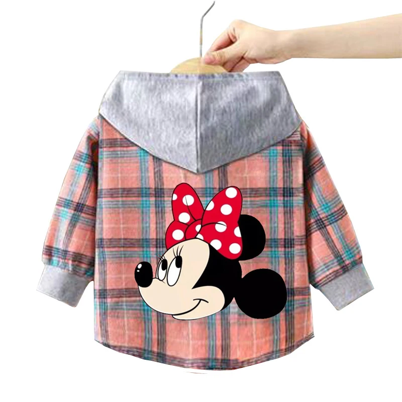 Children\'s Hooded Shirts Baby Boys Mickey Mouse Plaid Shirts Coat for Spring Autumn Girls Cartoon Jacket Bottoming Clothing