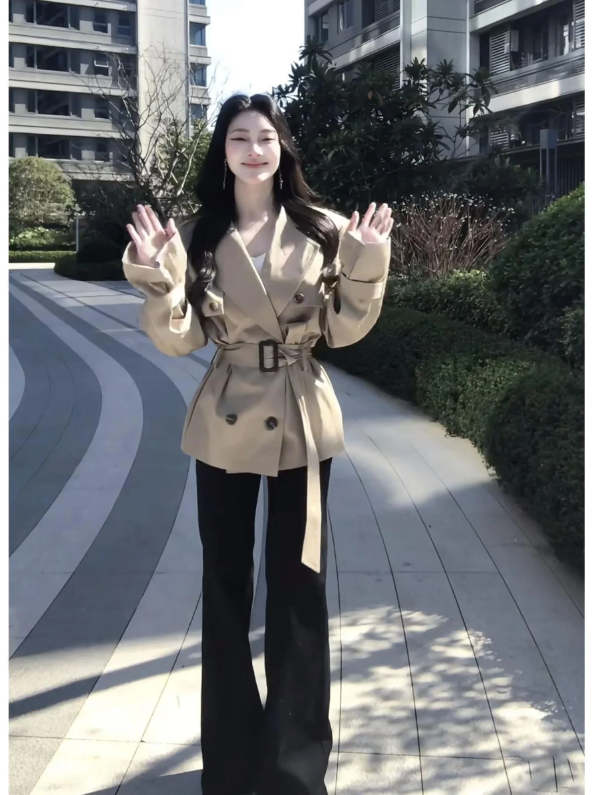 

Trench Coat Woman Formal Evening Autumn Winter Simple Japanese Traditional Upper Apparel European American Sense Splicing