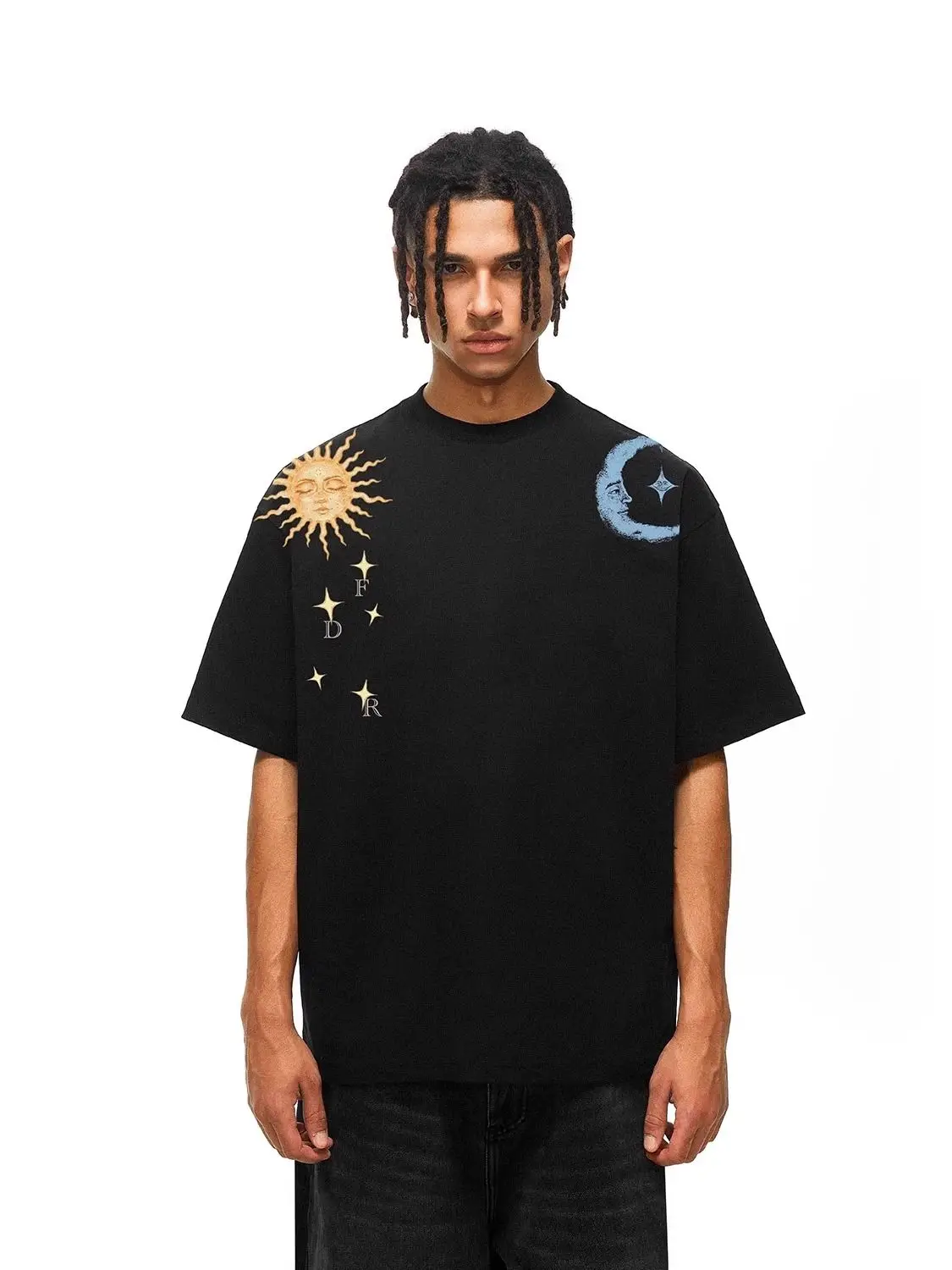 

Sun And Moon Print Heavy Cotton Short-Sleeved T-Shirt For Men Women Summer Round Collar Trendy Brand Loose And All-Match Tops