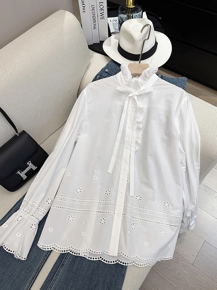 

Ele White Long Sve Embroidered irt Women's Spring Autumn Sle French Cotton Breathable Loose Fit Stand Collar Top
