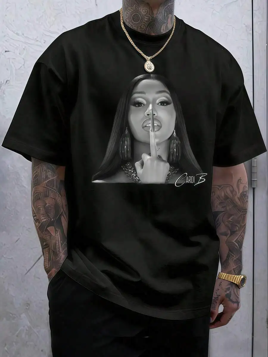 Men's Y2K Retro Hip Hop Portrait & Finger Gesture Graphic Print Short Sleeve T-Shirt, Hip Hop Music