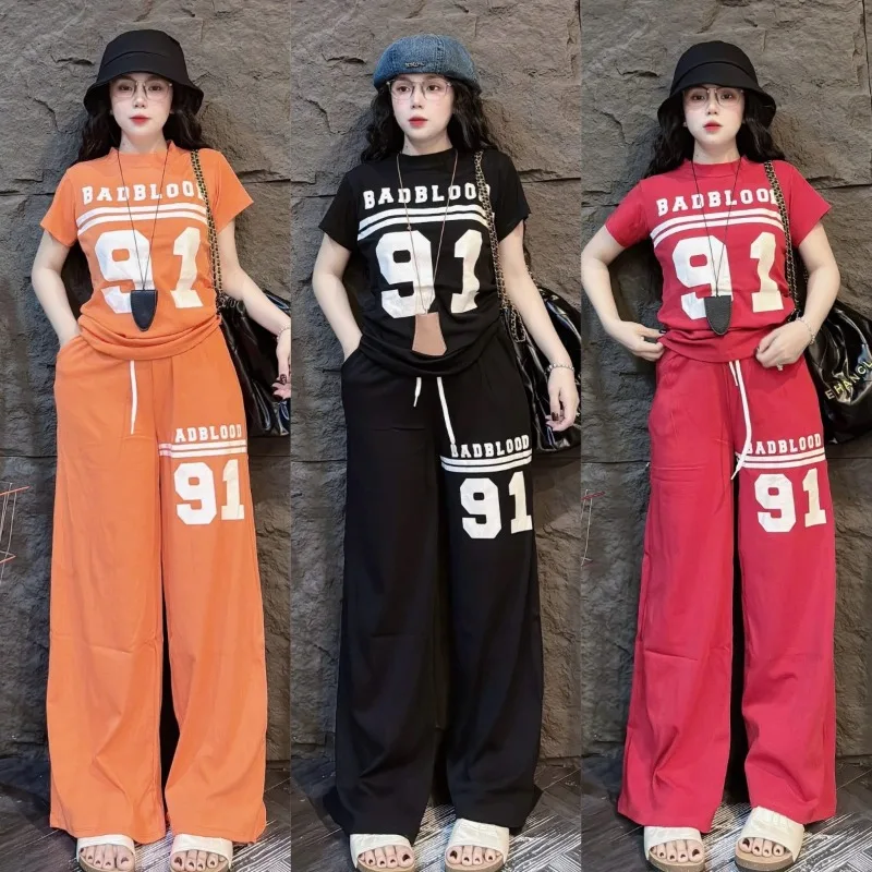 

Модный женский летний костюм: новый приталенный топ с коротким рукавом и широкие брюки прямого кроя, повседневный комплект из двух предметов