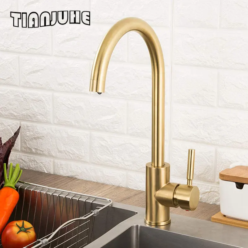 

Single Handle High Arc Brushed Gold Kitchen Faucet Stainless Steel Commercial Single Hole Kitchen Sink Faucet