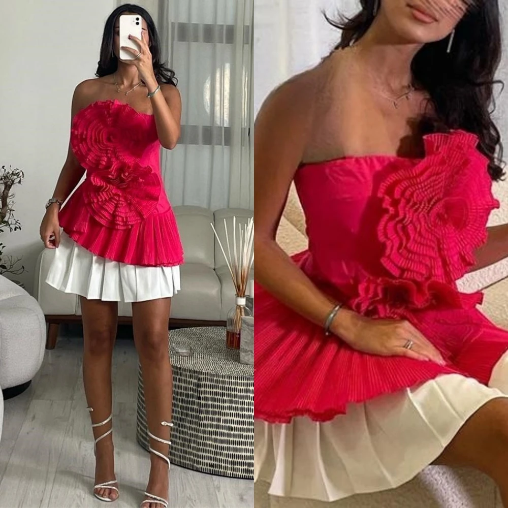 

Tarot Fashion Strapless Mini Cocktail Dresses Flower A-line Pleated Birthday Party Gowns 2024 Sleeveless Saudi vestidos de festa