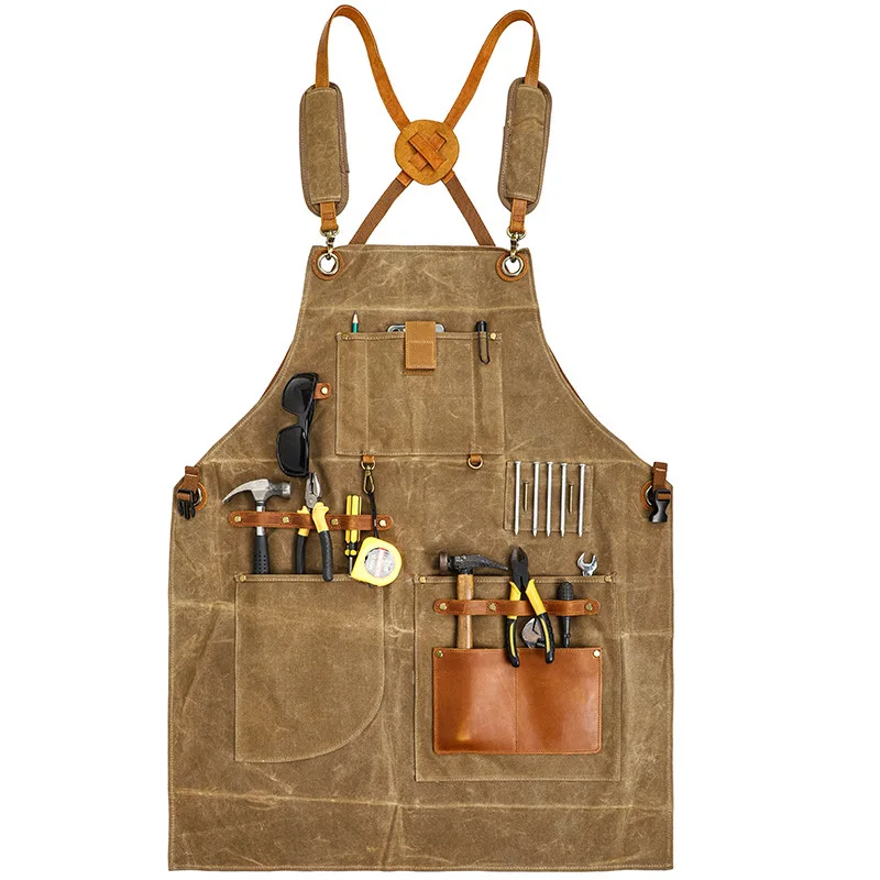 Thickened Canvas Apron Wax Dyed Anti Splashing Hairdresser Work Uniform Apron Waterproof Woodworking Machinist Pocket Long Apron