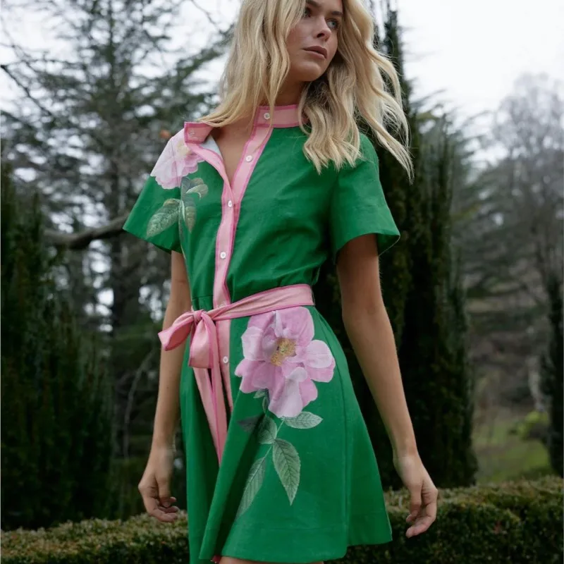 2025 Wzór Nadruk Retro Bohemian Sukienka Letnia Casualowa Sznurowana Koszula Biurowa Sukienka Elegancka Sukienka Damska z Krótkim Rękawem V Neck