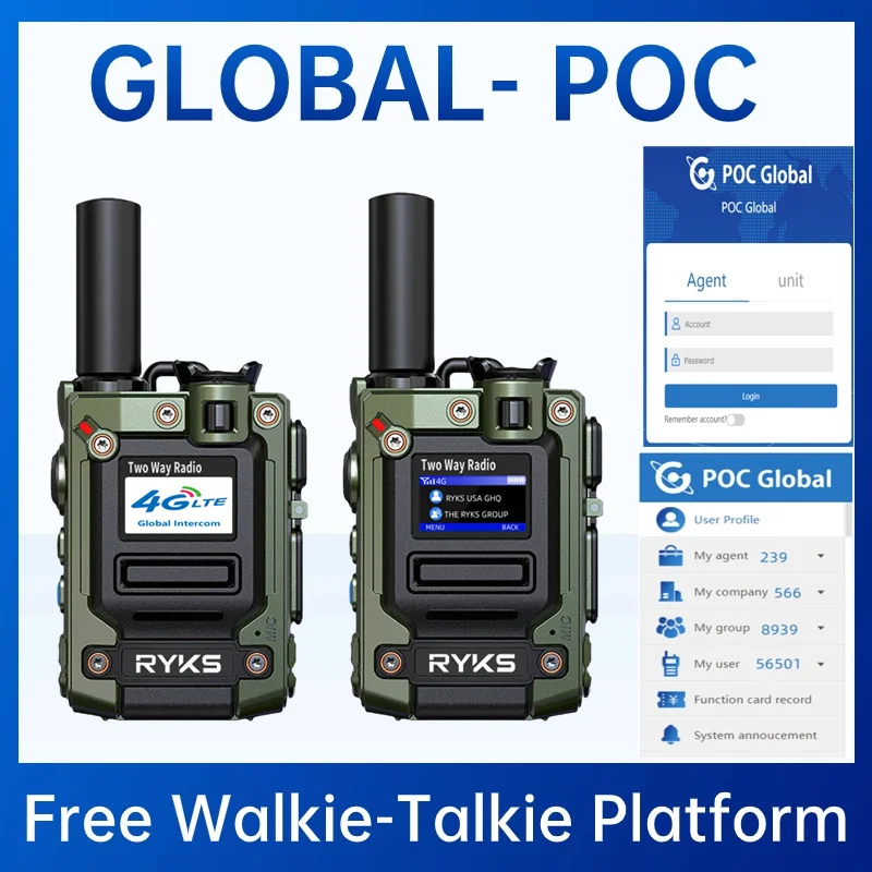 Global (no fee) Intercom platform RYKS-DP56 walkie talkie 5000km Long Talk Range 4G LTE POC Network Radio Sim Card