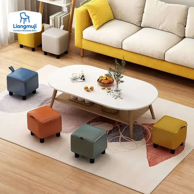 

Cute Portable Stool Household Sugar Cube Stool Living Room Soft Leather Elastic Shoe Changing Stool Modern Simple Pedal Ottomans