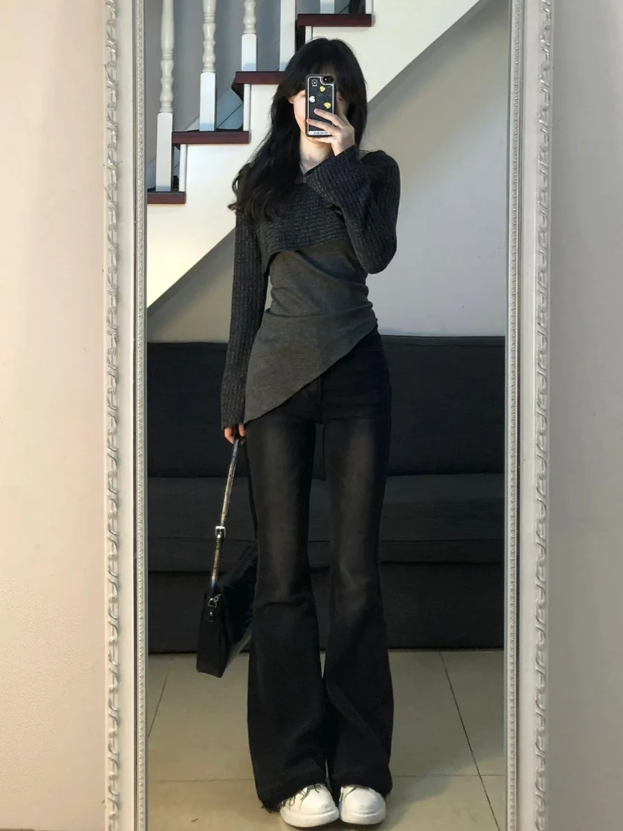 Coreano sle sexy camisola de malha feminina início do outono retro assimétrico design único high end sentimento topo na moda faion