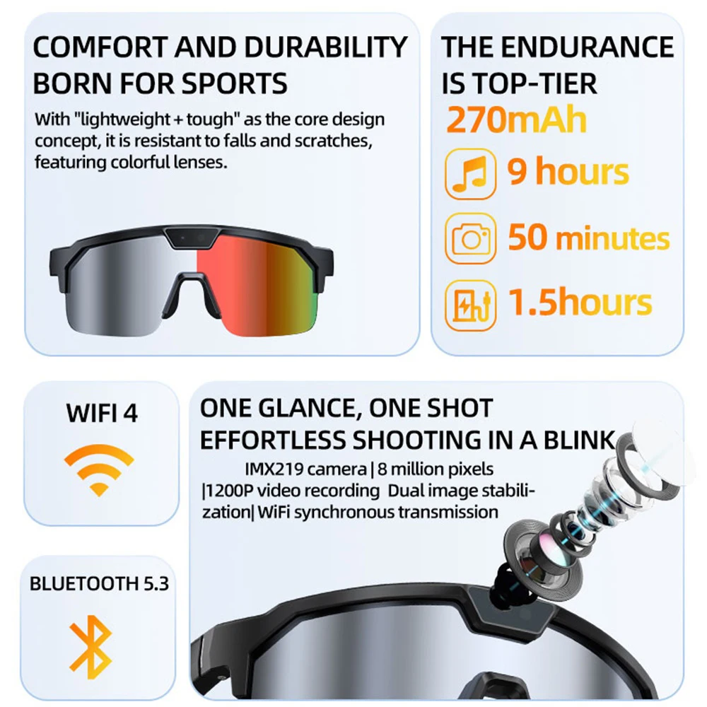AI Smart Cycling Glasses Men Women Video Record Real-time Translation 800W Camera UV Protection Sports Eyewear For Bike Fishing