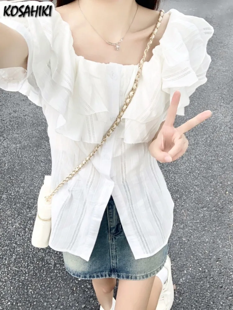 Y2k Aesthetic Sweet Ruffled Women Shirt White Summer Kawaii Single Breasted Blouse Harajuku Fairy Casual Preppy Grunge Blusas