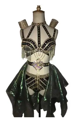 

Dancer Jazz performance stage outfit Sparkly Tassels Crystals set sexy female costumes Nightclub Bar DJ Singer DS Costume