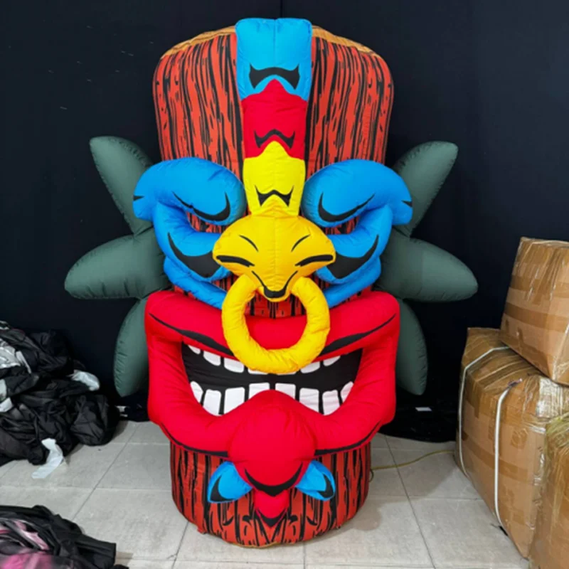 Estatua inflable de Tiki para fiesta al aire libre, modelo 3D, tocón de árbol tahitiano, máscara de monstruo, globo con soplador gratis para vacaciones o promoción