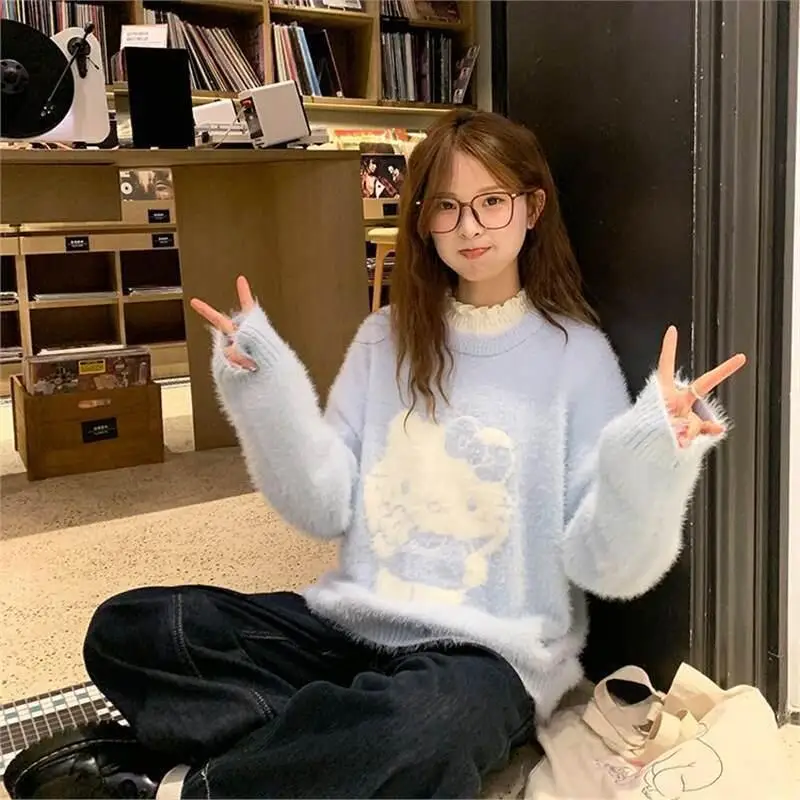

Осенне-зимняя модная женская одежда, милый свитер Hellokitty с круглым вырезом, повседневный свободный пуловер в студенческом стиле, вязаный свитер
