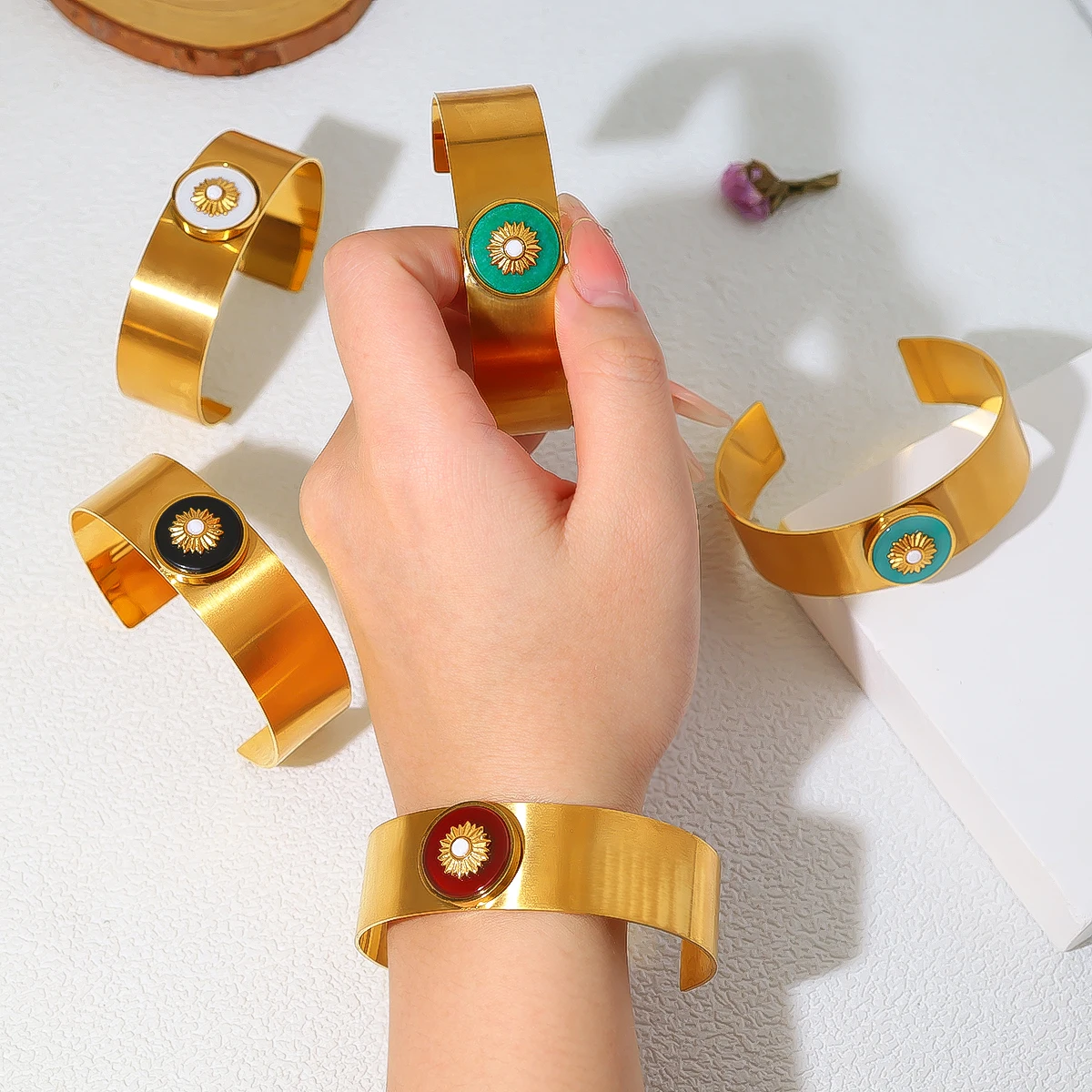 WILD & FREE Retro Stainless Steel Wide Cuff Bracelets for Women 18K Gold Plated Luxury Acrylic Charm Waterproof Jewelry