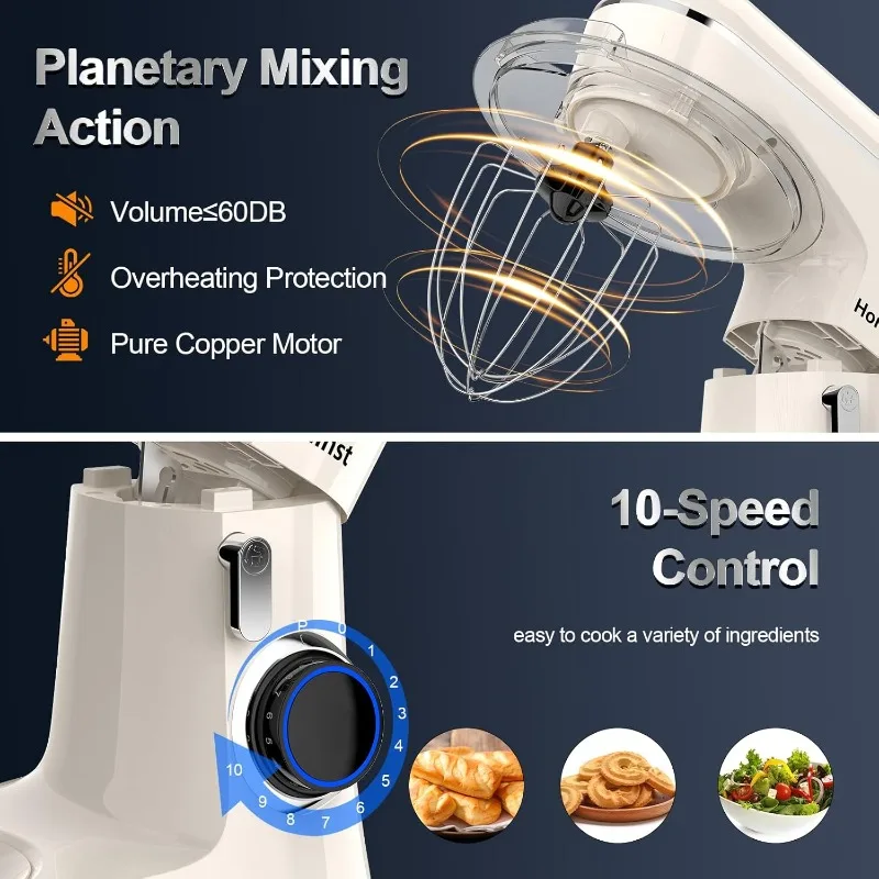 .5QT خلاط كهربائي برأس مائل 10 سرعات، خلاط مطبخ 3 في 1 مع وعاء، خطاف عجين، خفق وخافق، طعام م