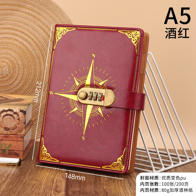 A5 Mit Schloss Tagebuch Notebook Kompass Hand Ledger Student Notizblock Schreibwaren Retro Passwort Buch – Detail 6