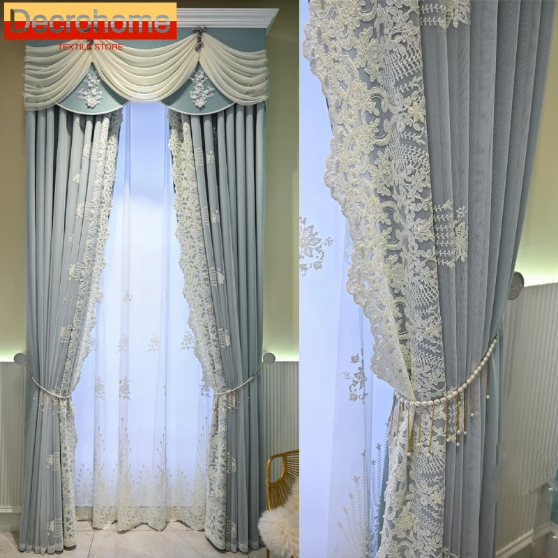 Customized Blue Purple White Lace Screen Splicing with Chenille Curtains for Living Room Bedroom Balcony Bay Window Valance