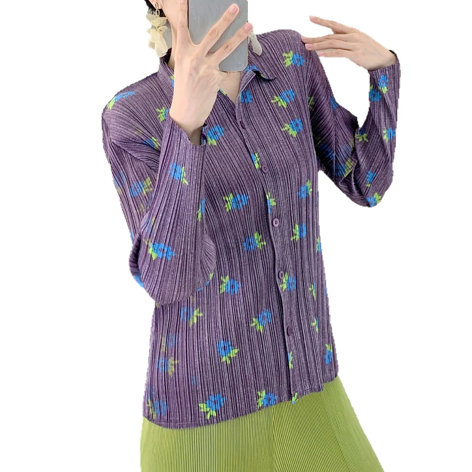 Miyake Pleated 2025 Spring/Summer Women's Casual Versatile Commuter Pleated Shirt Fashionable Print Comfortable Cardigan