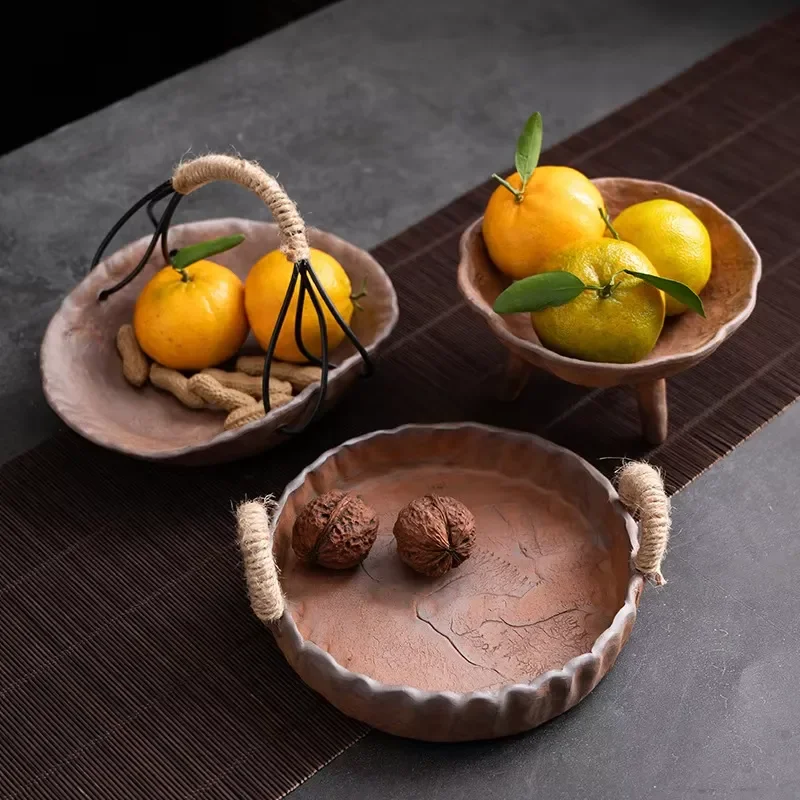 Winter Retro Ceramic Fruit Plate Chinese Style Double Ear Dinnerware Home Desktop Ornament DW-GP Model Decorative Dish