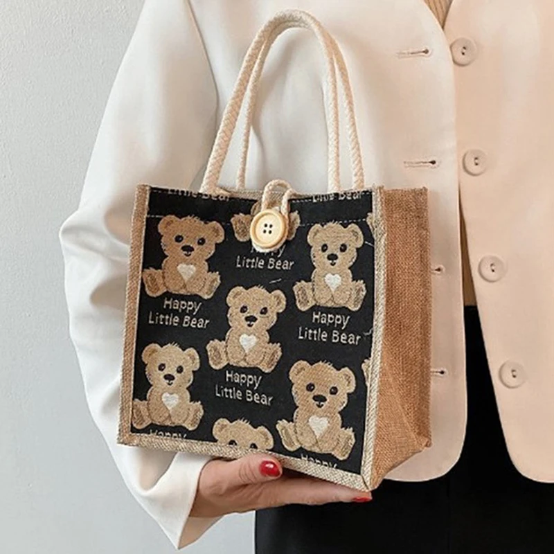 

Women Cute Bear Pattern Shoulder Bag Flax Girl Student Handbag Mini Outdoor Handbag Casual Lunch Bag Underarm bag