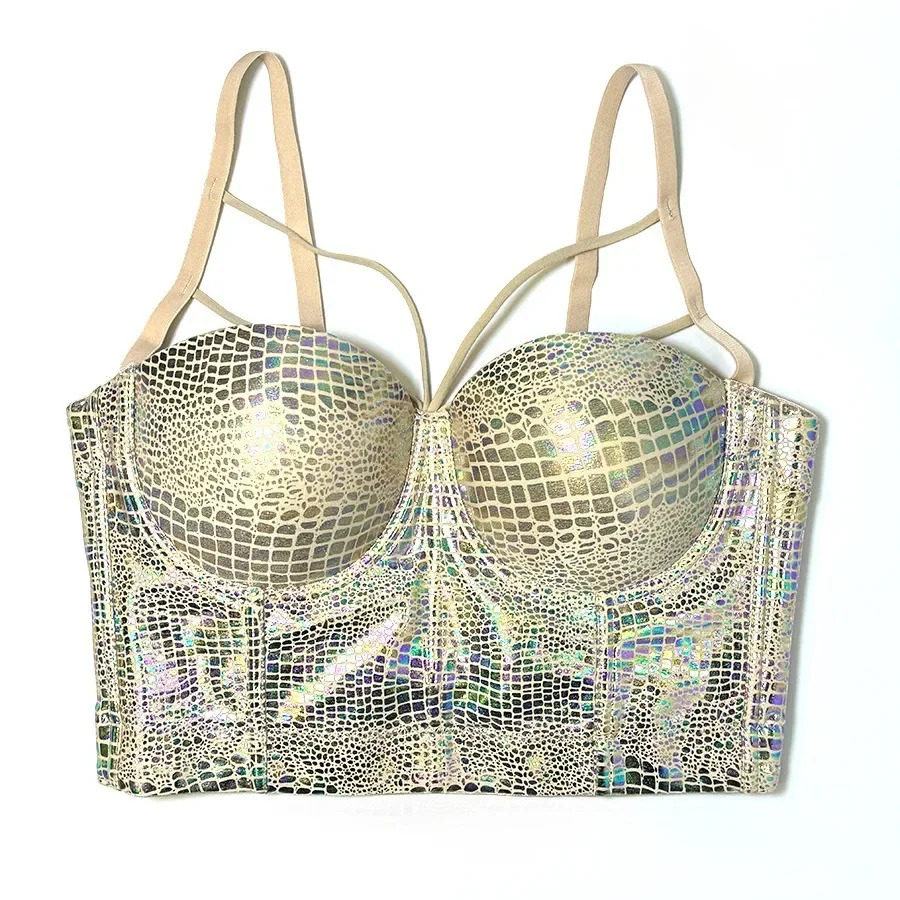 

Разноцветный блестящий змеиный принт на косточках, бюстгальтеры пуш-ап для женщин, вечерние бюстгальтеры без косточек для ночного клуба, нижнее белье 2024, летнее нижнее белье, укороченный топ