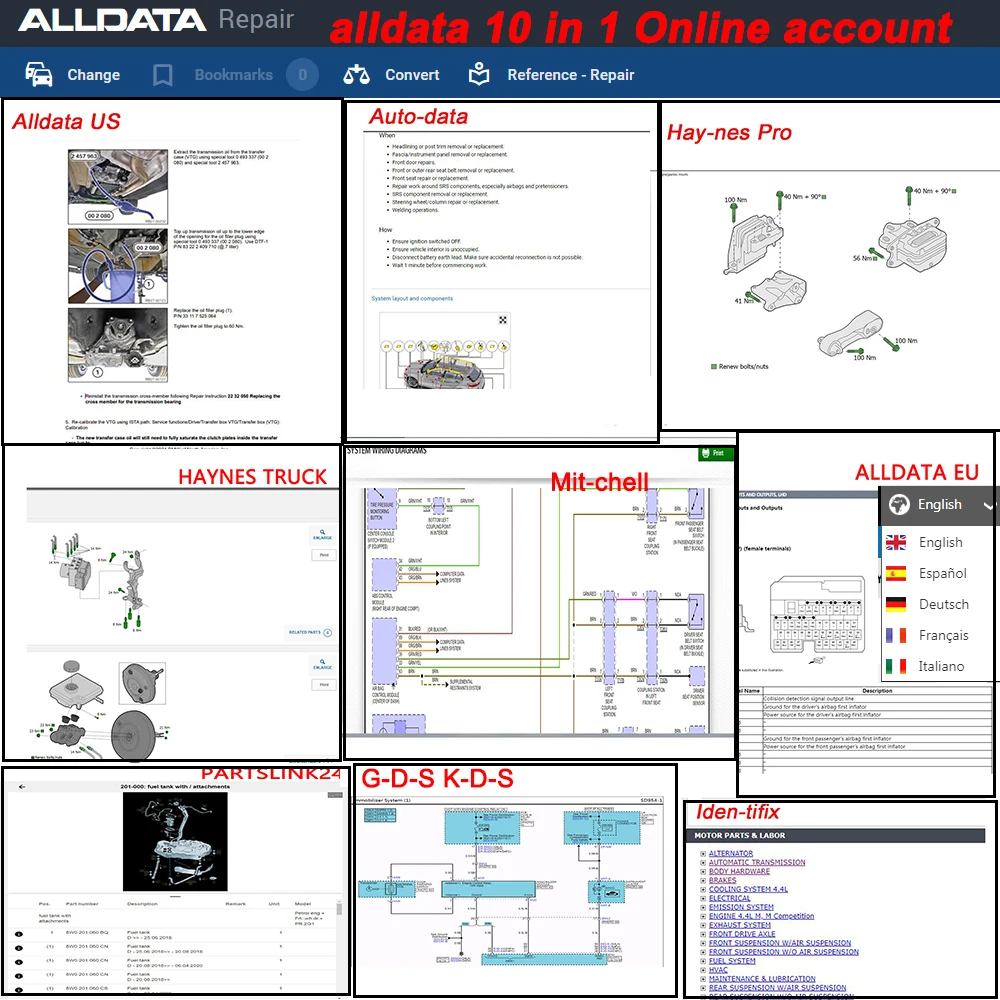 Alldata 2025 Auto-data Haynes Pro Mitchell Partlink24 Новейшая комбинация онлайн-программного программного обеспечения 10 в 1 Ремонт Автоматическое обновление