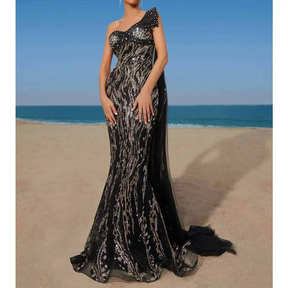 Dress with Floral Shoulder for Party 2025 New Black Beaded Deep V-Neck Mermaid Evening