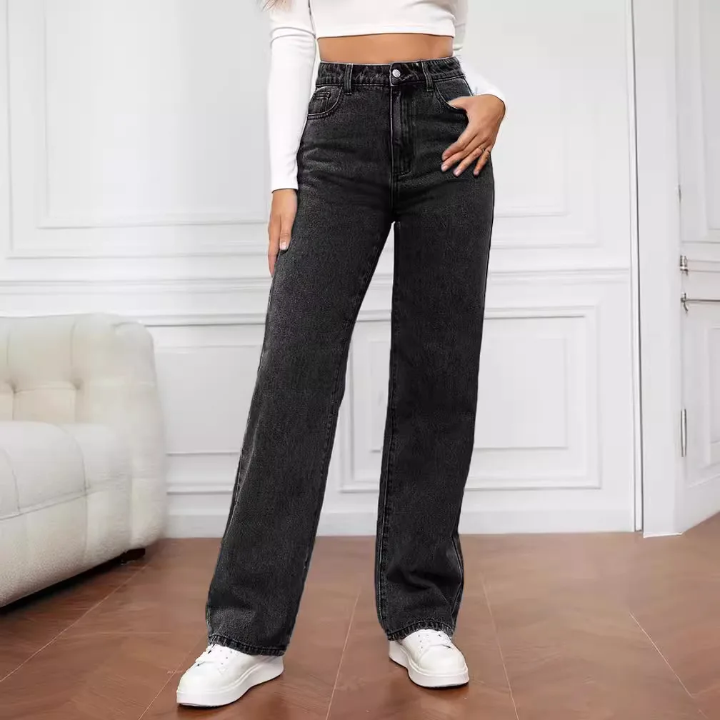 Modne retro niebieskie jeansy damskie y2k, luźne spodnie proste w stylu high street, spodnie wyszczuplające z wysokim stanem. — zdjęcie 7