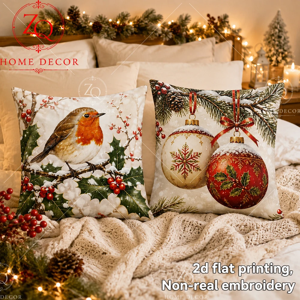 Christmas Robin  Xmas Ornament Throw Pillow Covers Soft   Winter Holiday Decorative Cushion Cases For Bedroom