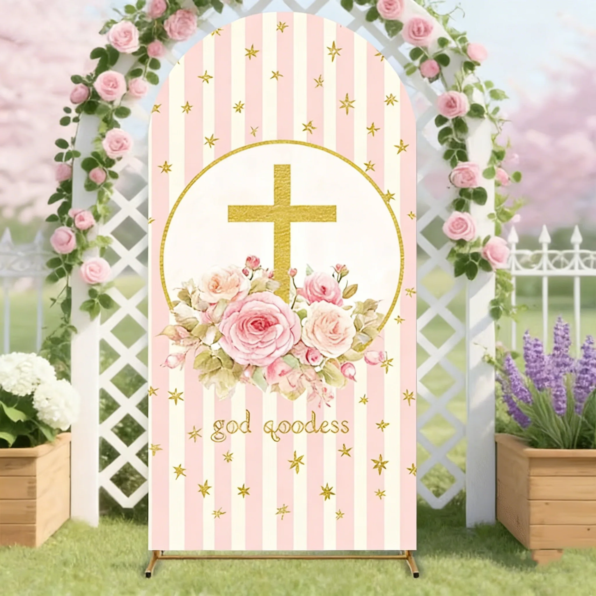Custom 2-sided Floral Blessing Cross Photo Backdrop Pink Stripes Gold Stars God Bless Party Banner Background Chiara Arch Cover