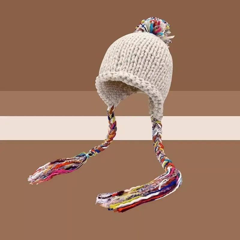 Color Fringed Braided Bag Head Hat Women's Autumn and Winter New Warm Ear Protector Crimped Wool Hat Knitted Pullover Hat